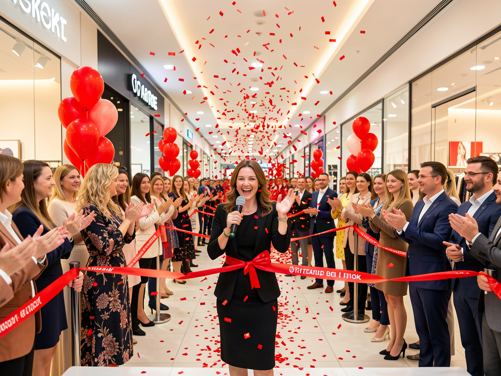 Grand store launch celebration in modern commercial gallery in Noyabrsk; red ribbon cutting ceremony with red confetti blast, energetic Russian female MC with microphone smiling with enthusiasm, crowd of guests clapping, 45% bright indoor lighting, 35% brand red ribbons and balloons, 20% warm neutrals