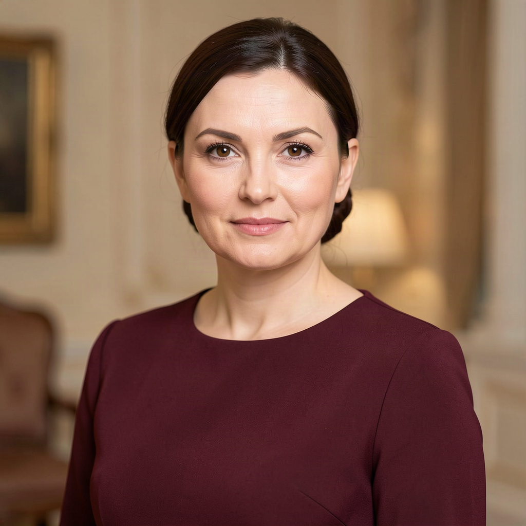 Portrait of Russian woman, 38, brown eyes, dark chestnut hair tied in a professional low bun, wearing formal burgundy dress