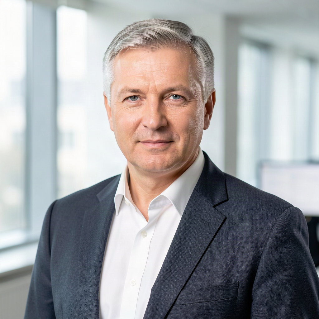 Portrait of Russian business director, fair skin, 45, short grey hair, wearing corporate blazer and crisp white shirt