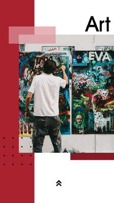 Современная сторис с фото уличного художника рисующего яркие граффити на белой стене