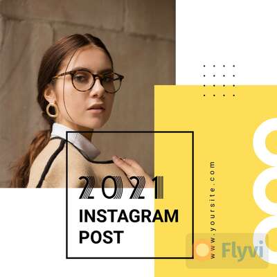 Геометрическая сториз Instagram 2022 с ярко-желтым прямоугольником и фото девушки в модных очках