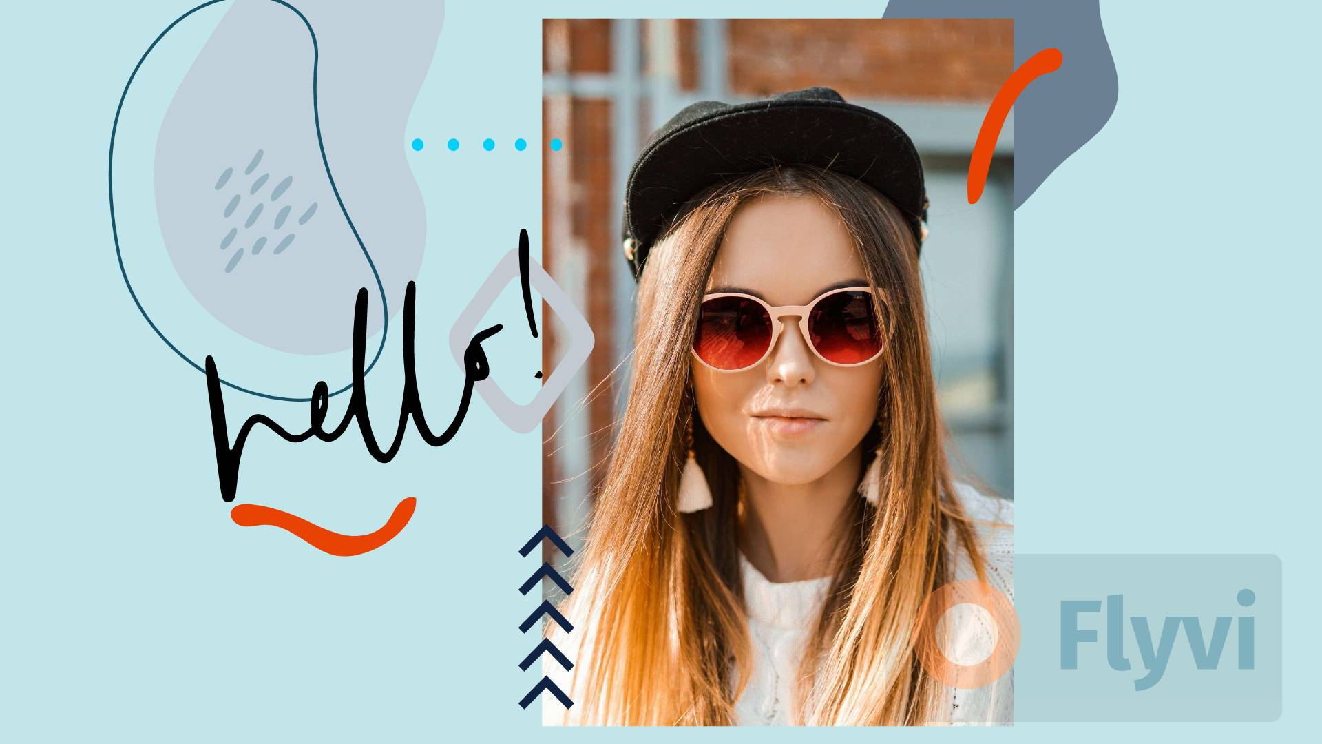 Приветственный ярко-голубой пост портретом девушки в солнечных очках и кепке и рукописным шрифтом и узорами
