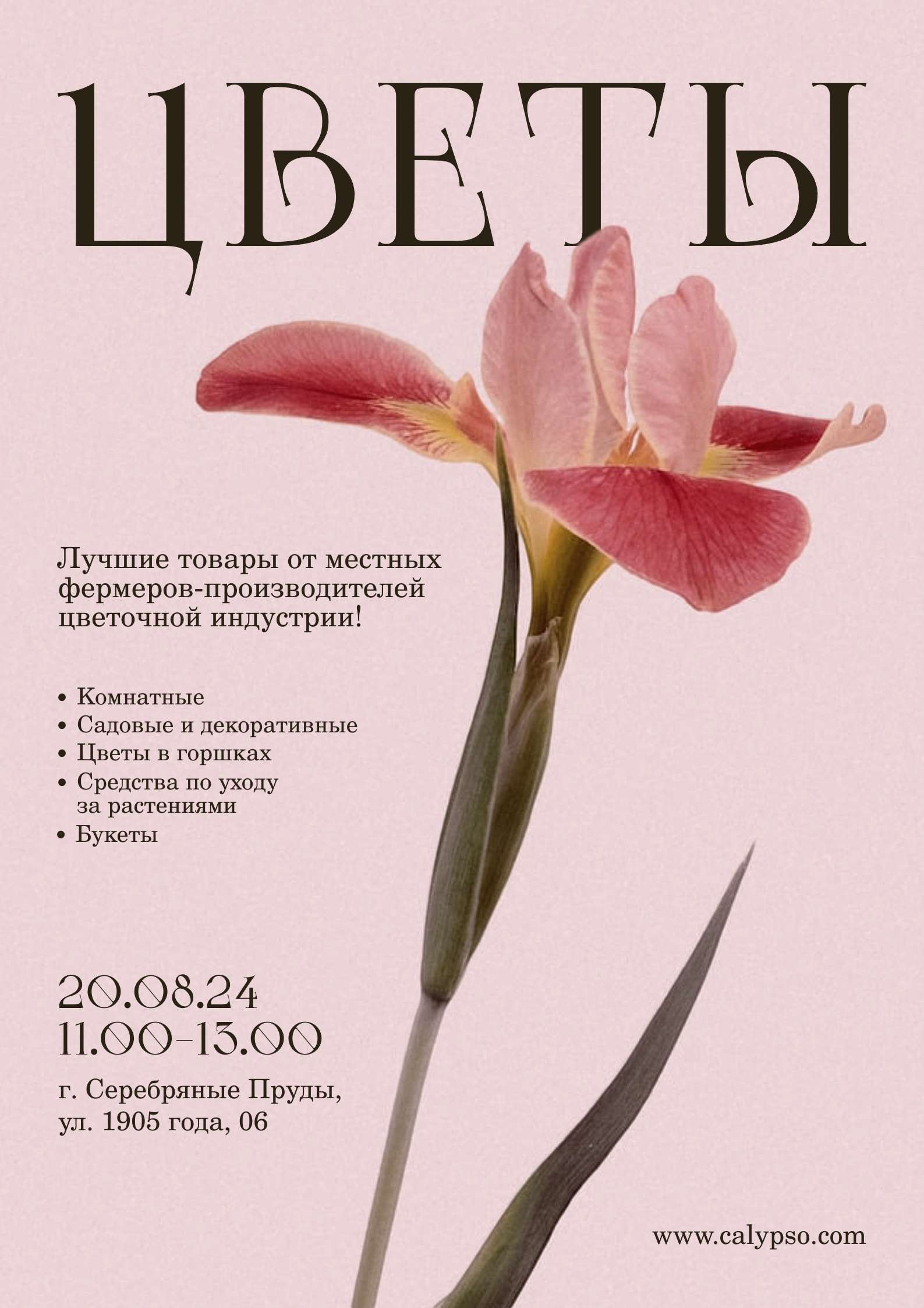 Приглушенно-розовый минималистичный плакат с рекламой цветочного рынка