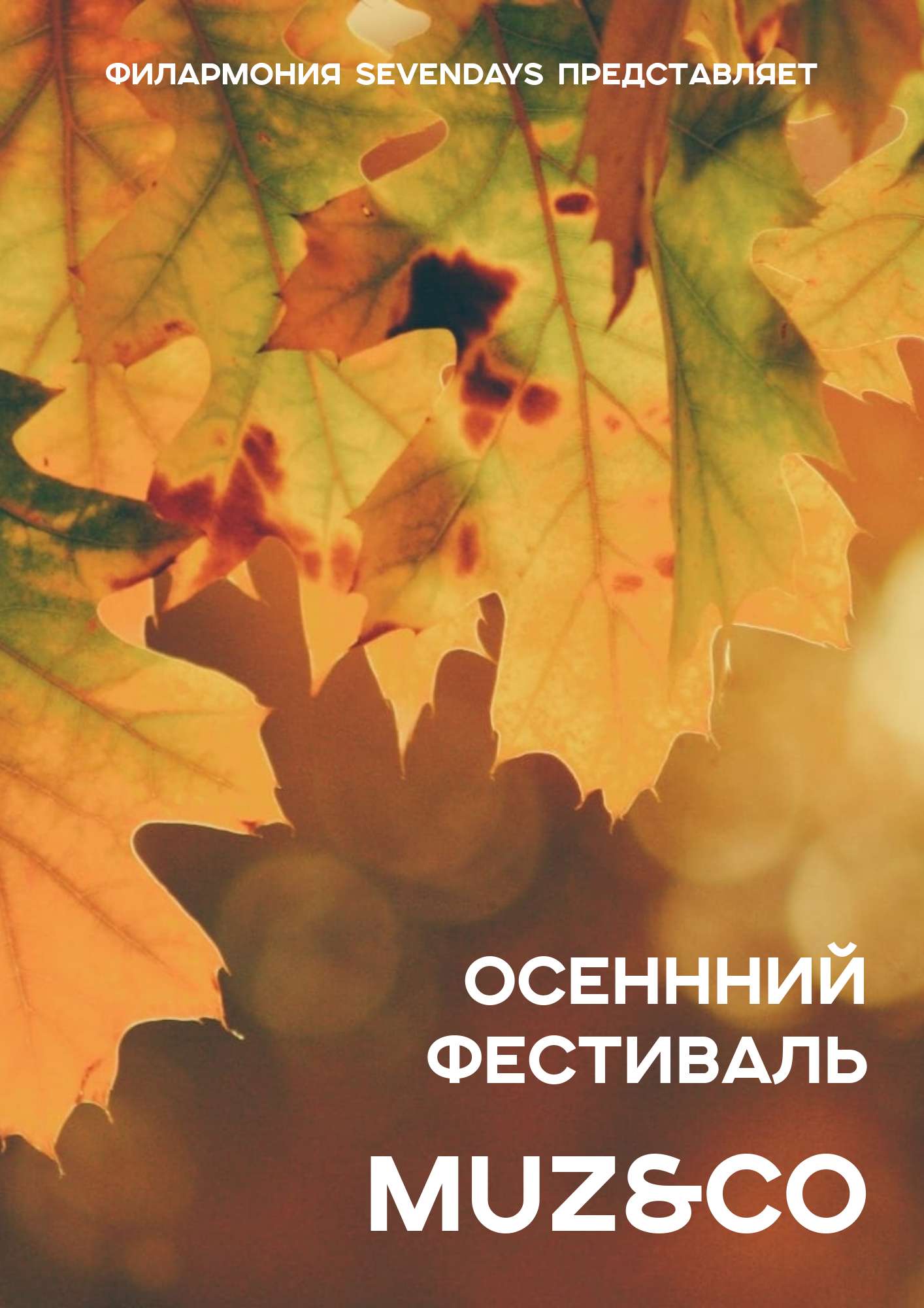 Оранжево-желтый минималистичный флаер на фоне фото с осенними листьями для музыкального фестиваля