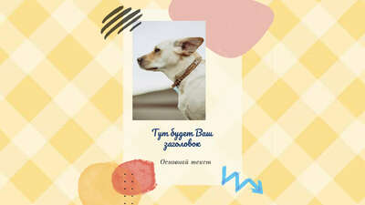 Пост для FB с фото собаки на светло-желтом фоне в клетку, мазками краски и стикерами с местом для заголовка и текста