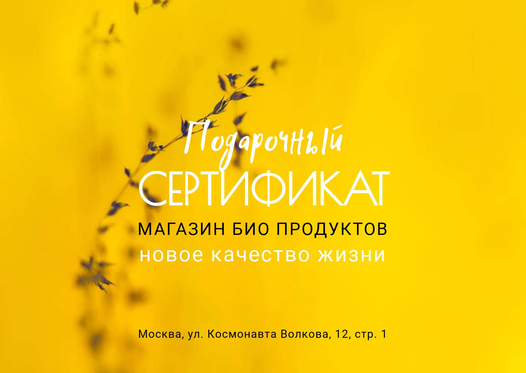 Подарочный сертификат в желтом цвете с веточками растений на фоне