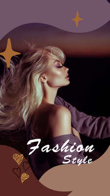 Сторис Fashion style в темно фиолетовых и темно коричневых тонах с фото девушки блондинки со звездами и стикерами