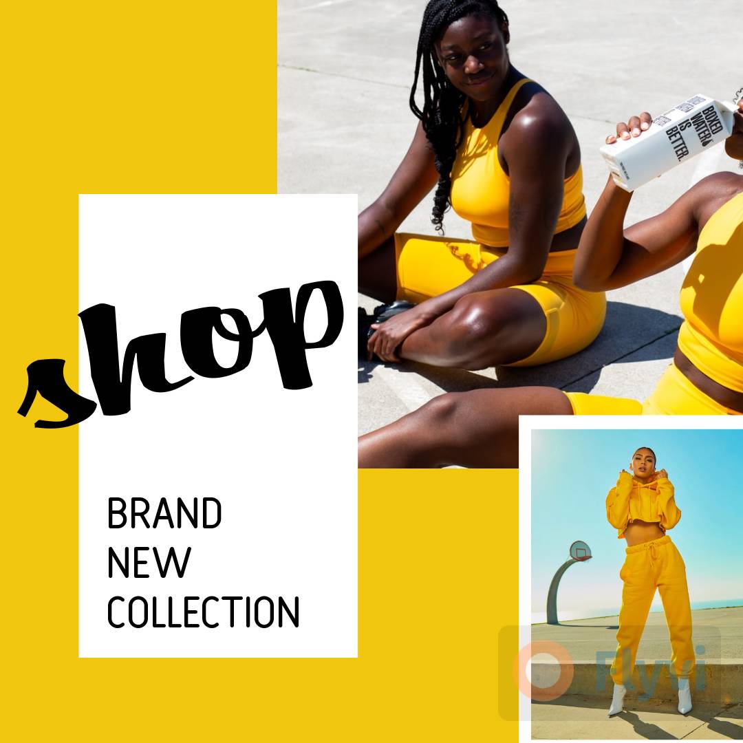 Ярко желтый пост для онлайн магазина одежды в Инстаграм с фото моделей в образах из новой коллекции