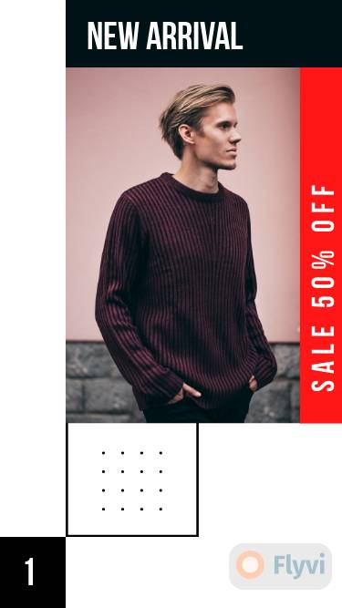 Лаконичный сторис для сезонной распродажи мужской одежды sale 50% с высоким блондином в темно-коричневом вязанном свитере