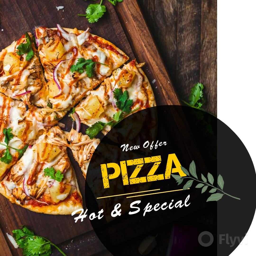 Специальная рекламная публикация для привлечения внимания к открытию фудкорта с аппетитной пиццей