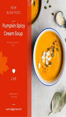 Ярко красный пост для кулинарного блога с ароматным тыквенным супом с сыром фета и тыквенными семечками