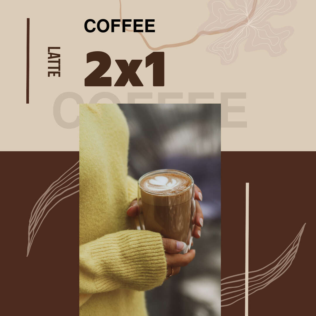 Шоколадно-бежевый уютный пост с чашкой ароматного латте в руках у девушки вязаном свитере с длинными рукавами