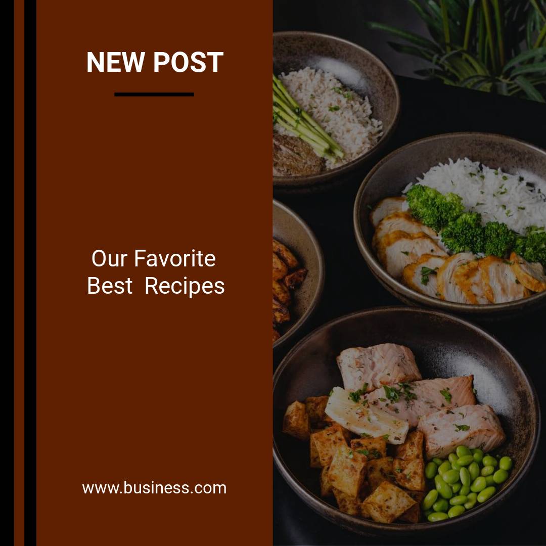 Темно-коричневый пост с лучшими рецептами и красивыми глиняными тарелками с готовыми блюдами из красной рыбы, риса и овощей
