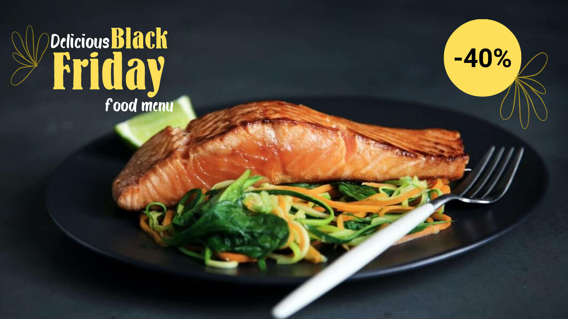 Стейк гриль из семги с салатом из свежих овощей на плоской матовой черной тарелке с ярким желтым шрифтом для Black Friday