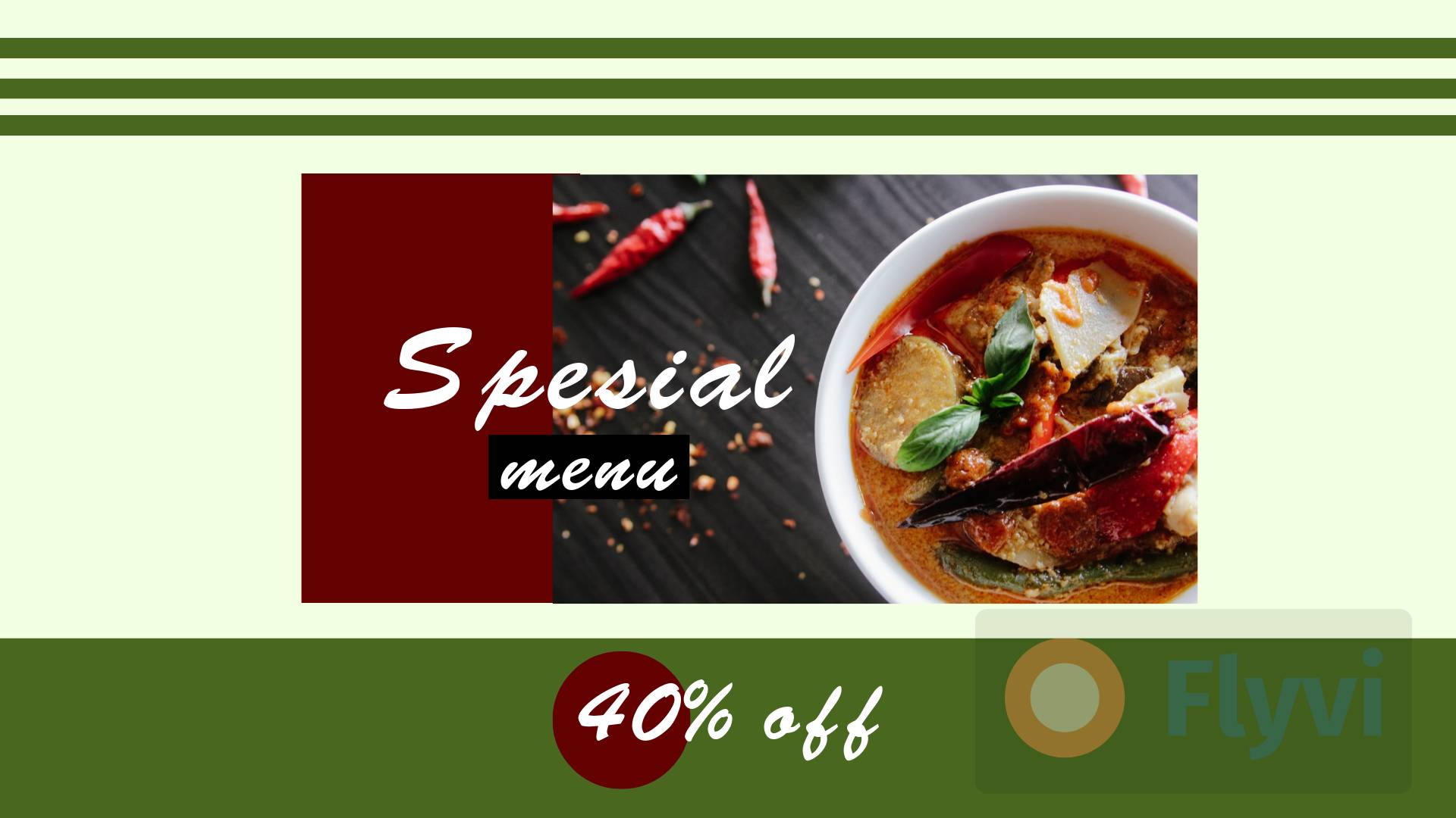 Spesial menu 40% off в темно-зеленых и бордовых цветах с острым супом и перцами чили на белом фоне