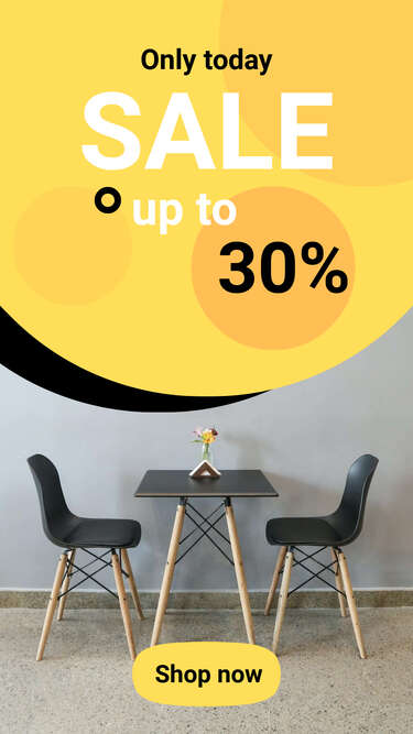 Сторис для распродажи мебели со скидкой до 30% и фото стола и стула
