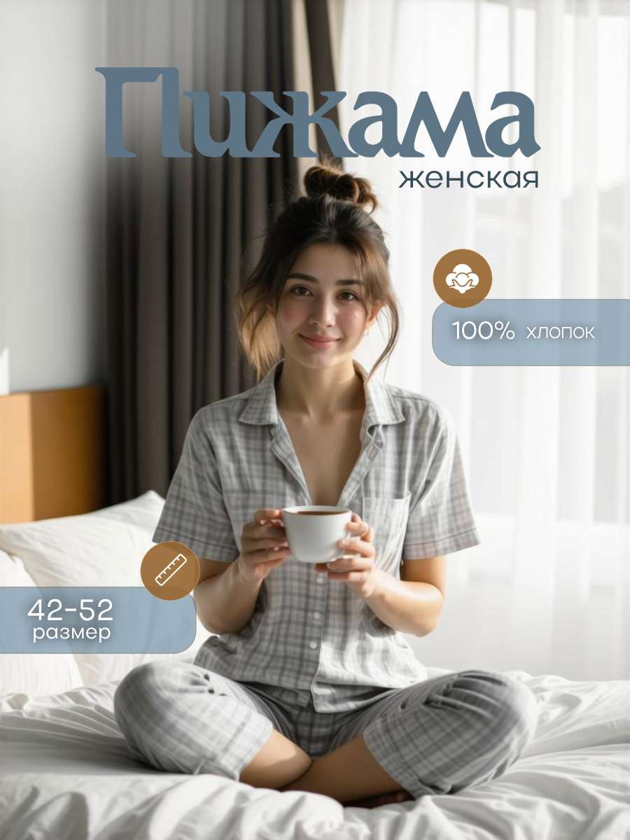 Инфографика, карточка товара в сине-бежевых цветах на тему: Пижама.