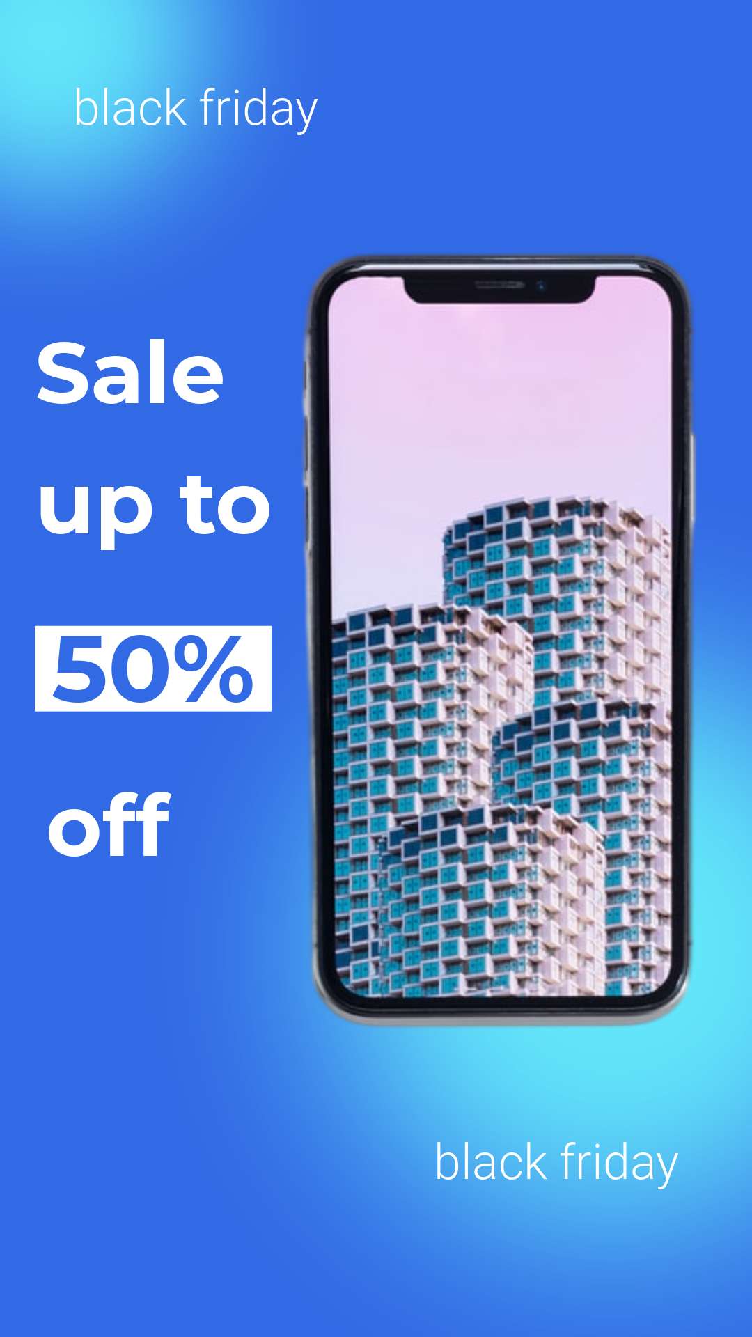Ярко-синий рекламный баннер для black friday для распродажи товаров со скидкой 50% и фото мобильного телефона