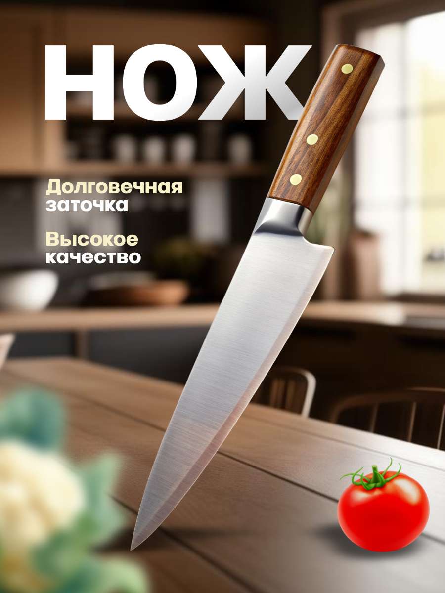 Инфографика, карточка товара в коричневом цвете на тему: Нож кухонный.