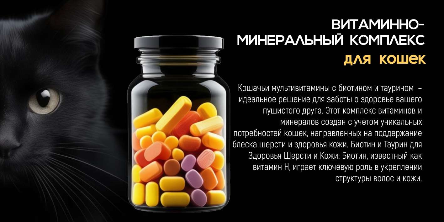 Темная карточка рич-контента для Озон с изображением кота для продажи витаминов для кошек и других товаров для животных