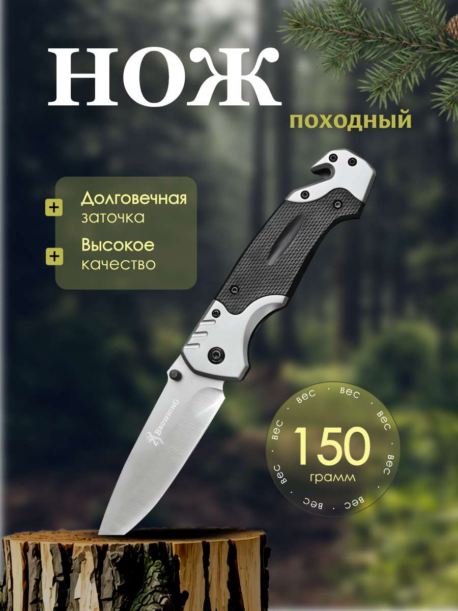 Инфографика, карточка товара в темном зеленом цвете на тему: Нож складной походный.