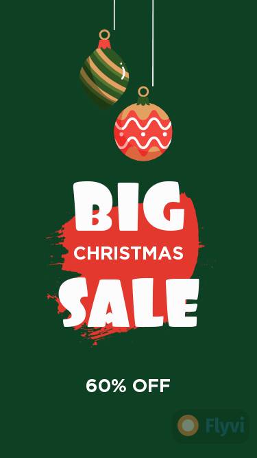 Big christmas sale 60% OFF для сторис Инстаграм на темно зеленом фоне и нарисованные елочные игрушки с красивым шрифтом