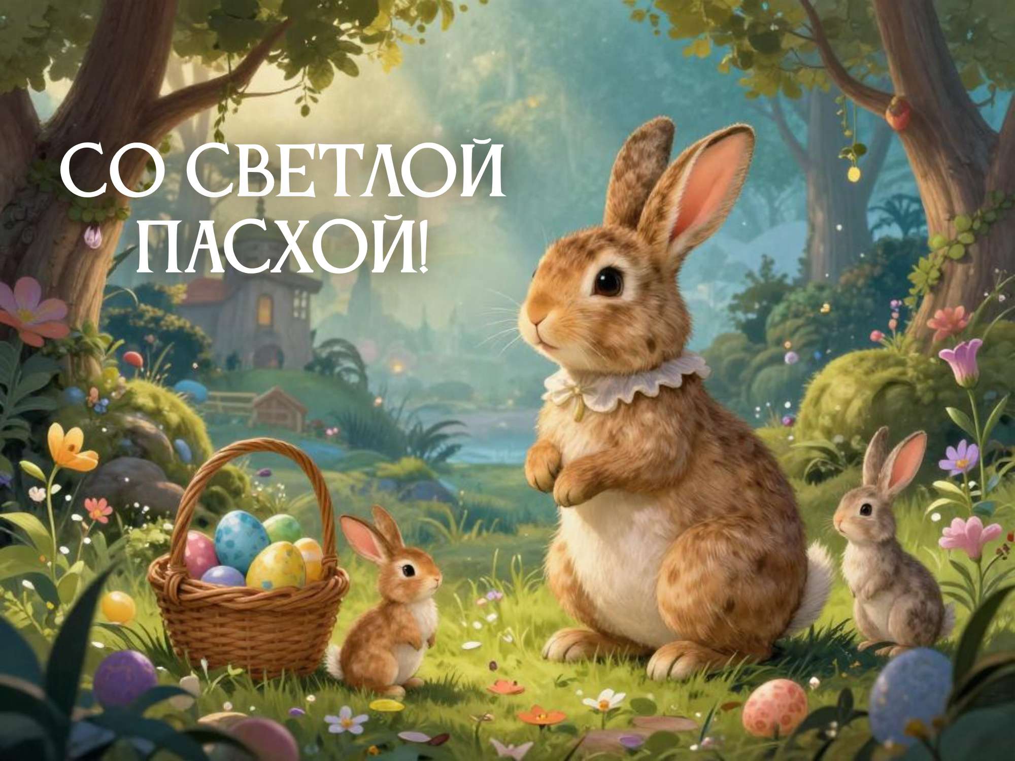 Разноцветная иллюстрированная открытка на Пасху
