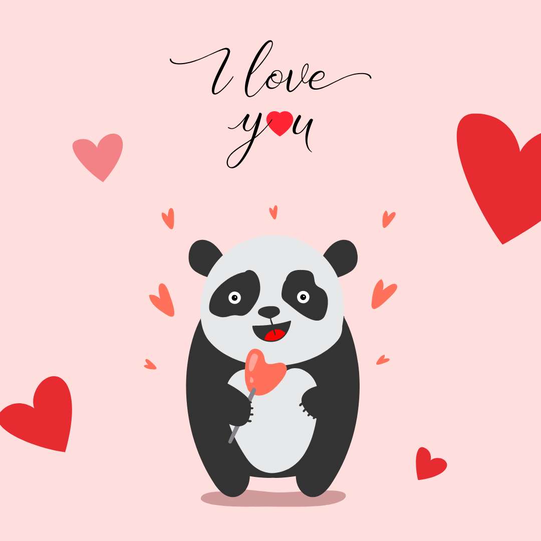 Нарисованная открытка с пандой и сердцами для поздравления с 14 февраля