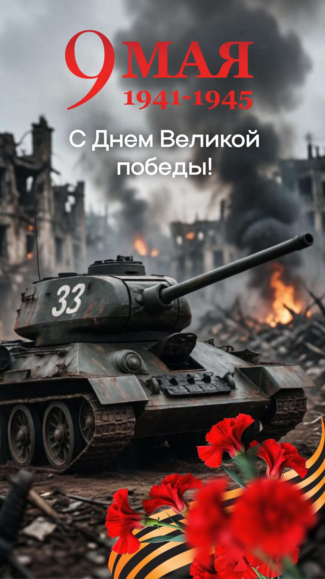 История с изображением танка и гвоздик на тему: 9 мая, с Днем Победы.