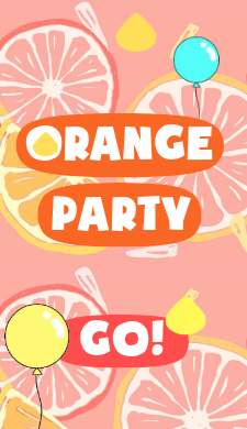 Невероятная стори Orange party  с нарисованными дольками апельсина и воздушными шариками для организации праздника