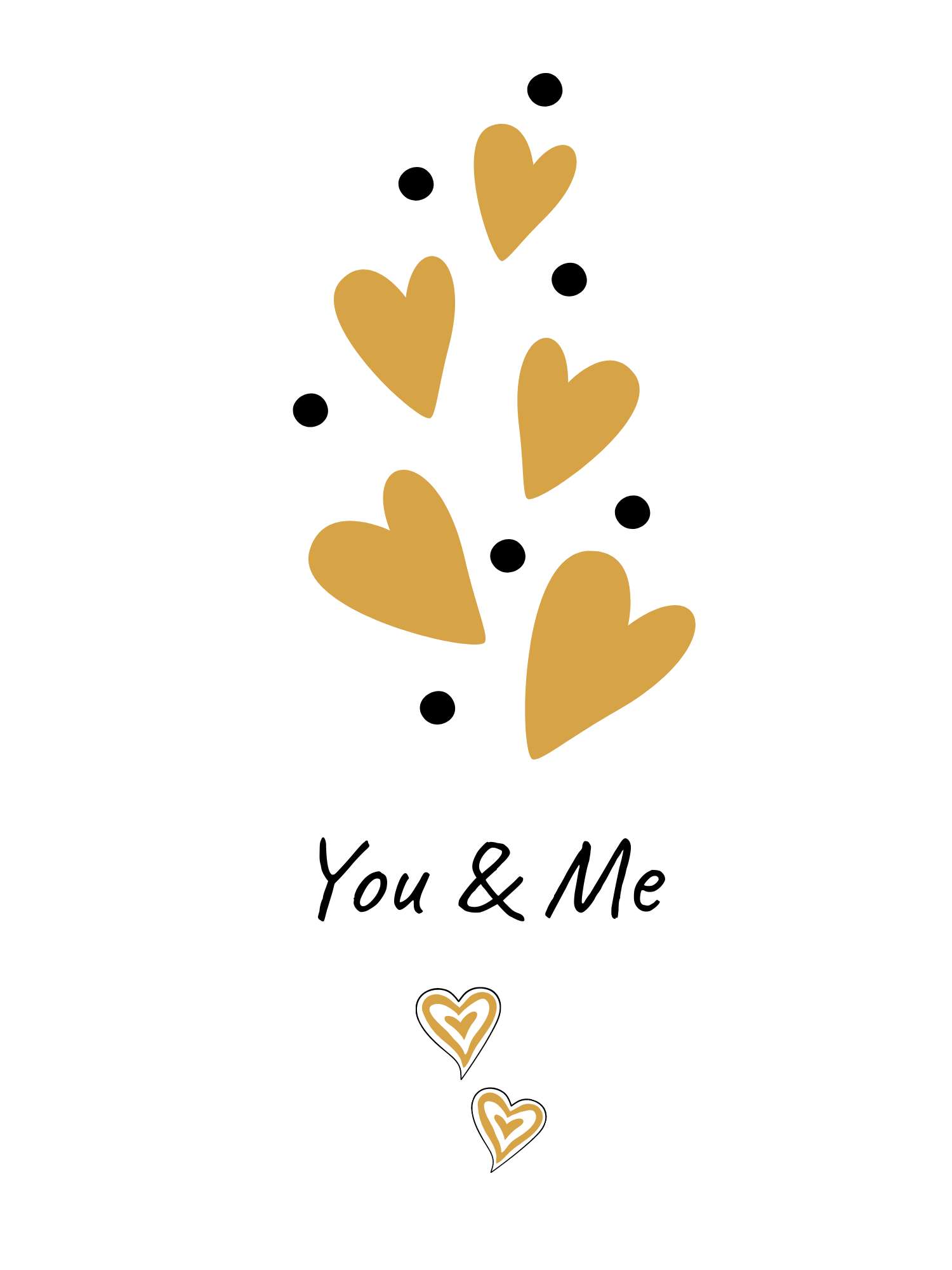 Лаконичная открытка в день 14 февраля с золотыми сердечками и милой надписью на английском