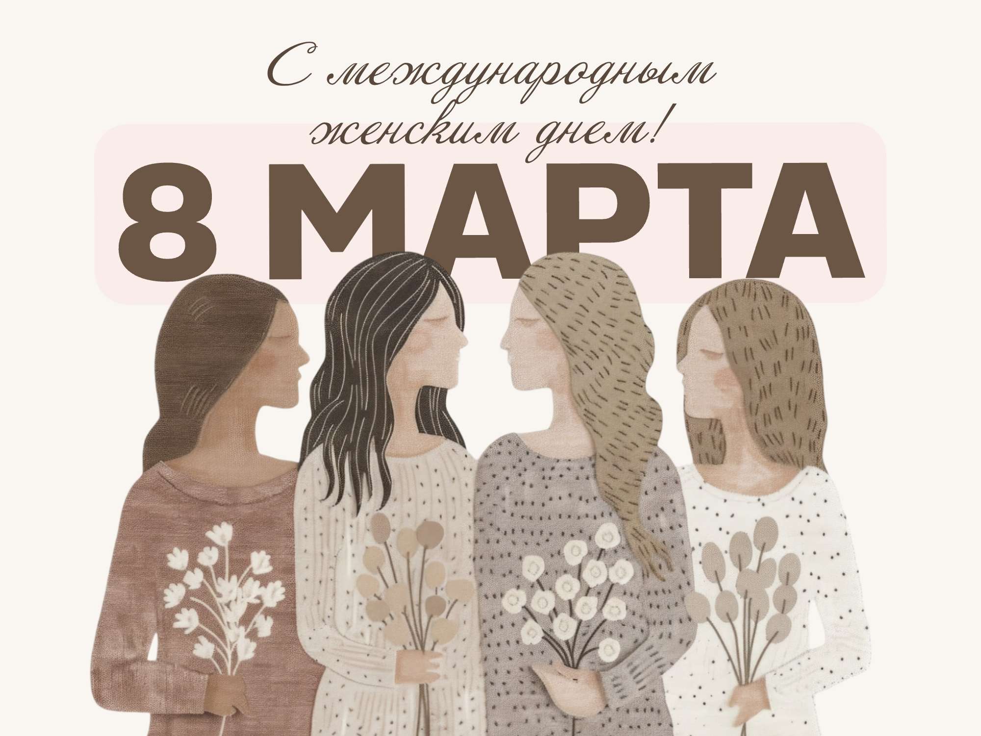 Бежевая коричневая иллюстрированная открытка на 8 марта