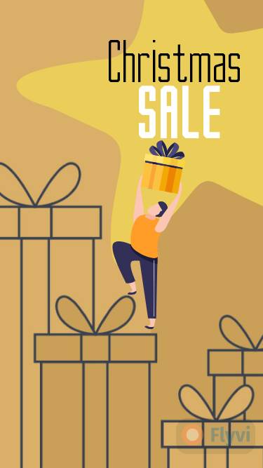 Золотой рождественский сторис для Инстаграм Christmas sale с 2D рисунком подарков и фигурой человека