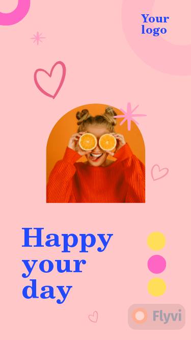 Нежно розовый сторис с веселым фото девушки и апельсинами со стикерами сердечками и заголовком