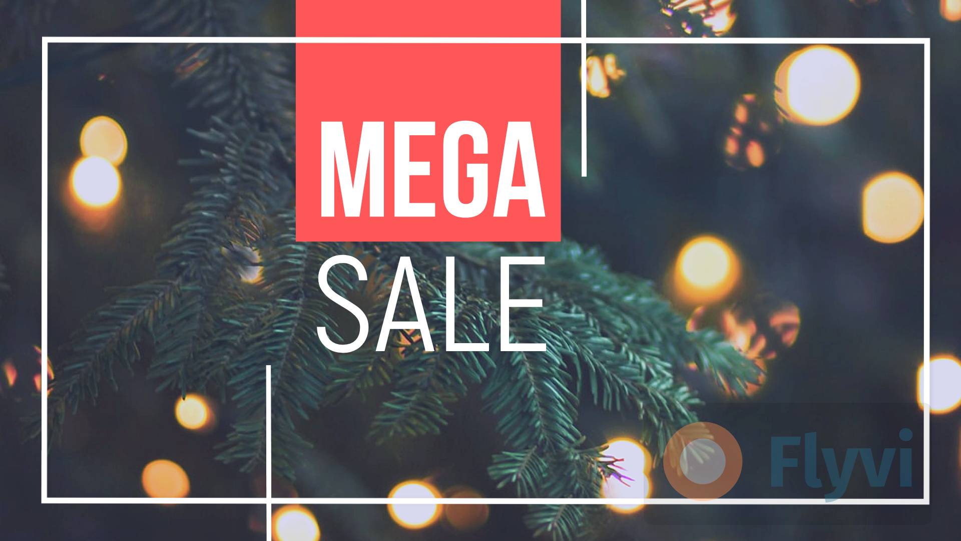 MEGA SALE в темном посте с гирляндами и пушистыми ветвями новогодней елки