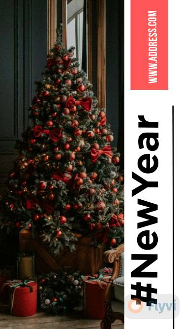 Happy new year christmas tree story с прекрасной Новогодней елкой с красными бантами, шарами и подарками