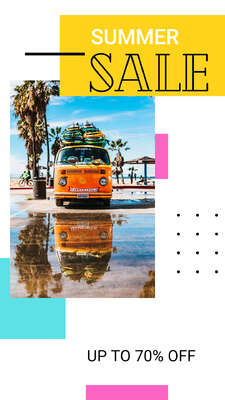 Сторис с оранжевым фургоном на фоне неба и пальм для маркетинга в соцсетях