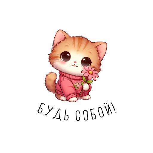 Нарисованный стикер для Телеграм с милым котиком на белом фоне