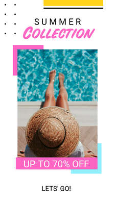 Сторис с летней акцие и скидками с девушкой у бассейна в соломенной шляпе