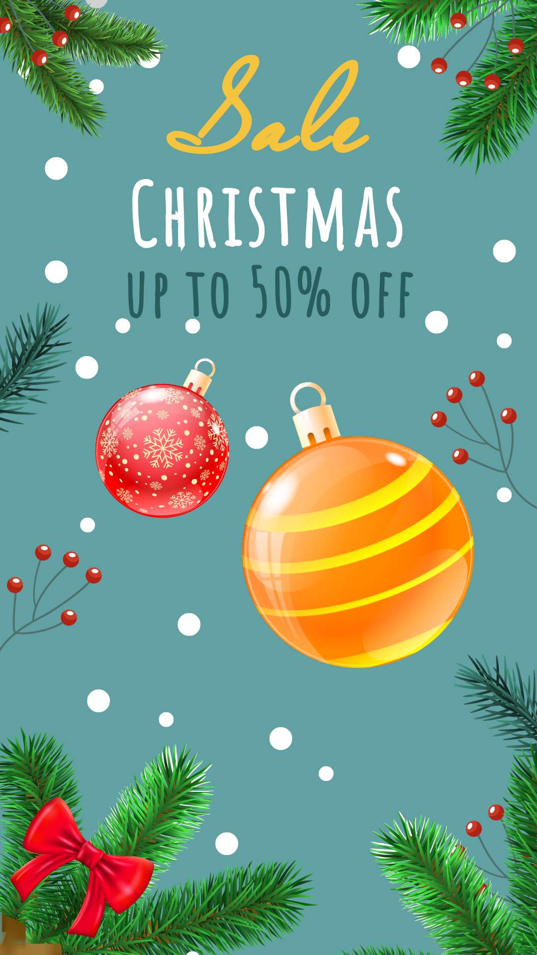 Рождественский сторис с красивыми шарами на бирюзовом фоне и скидкой 50%
