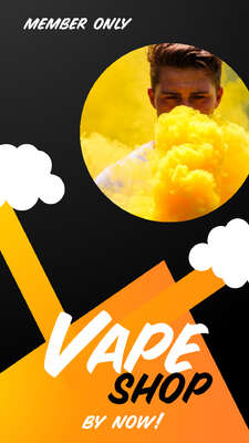 Сторис vape магазин с фотографией желтого дыма и текстом со скидкой
