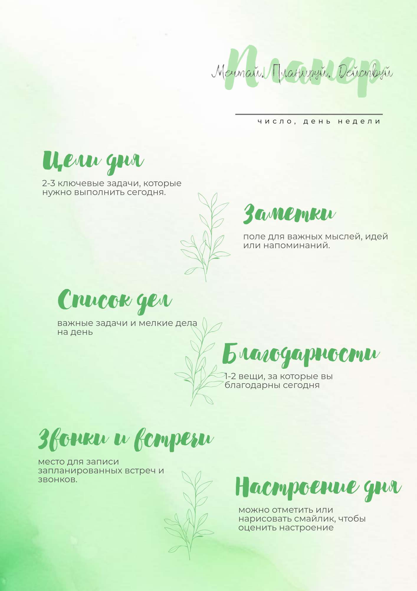 Зеленый планер на каждый день для планирования своего расписания
