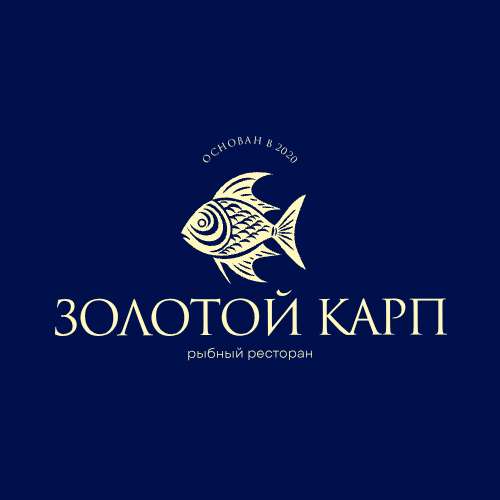 Синий и золотой классический иллюстрированный логотип для рыбного ресторана