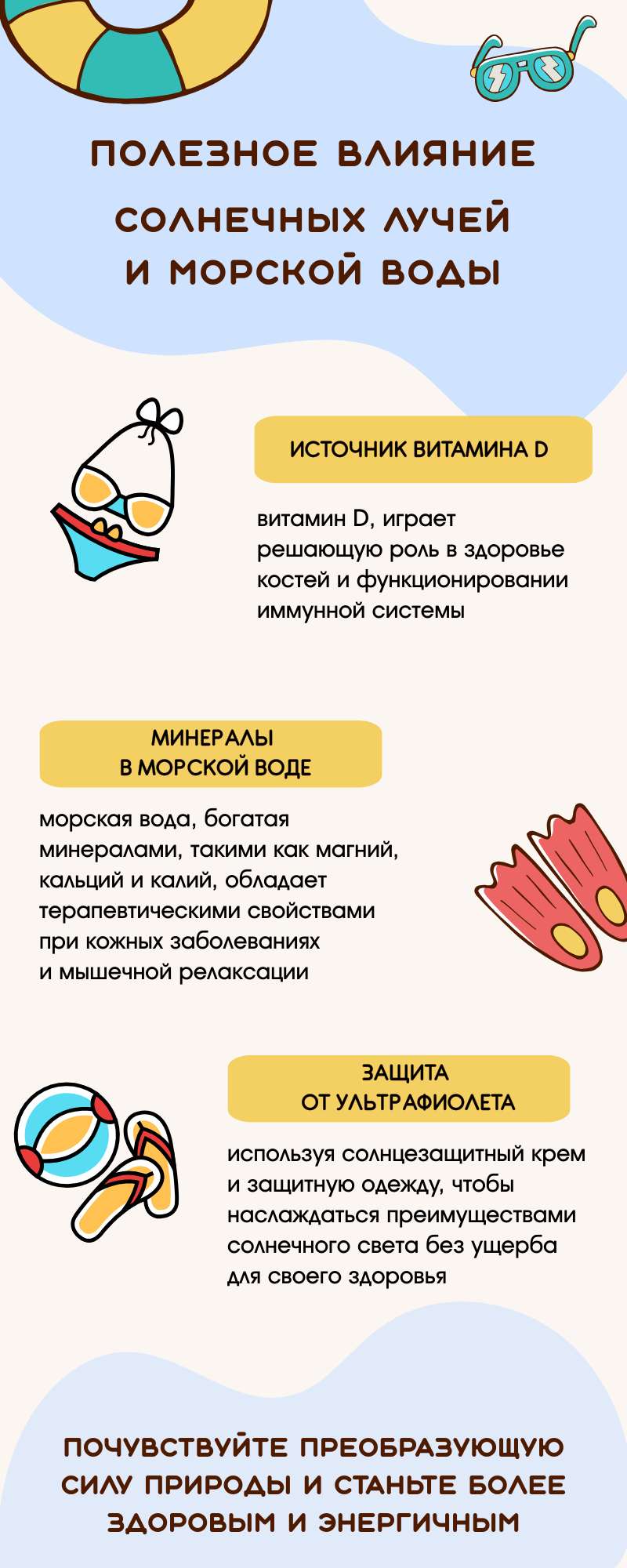 Инфографика полезное влияние солнечных лучей и морской воды
