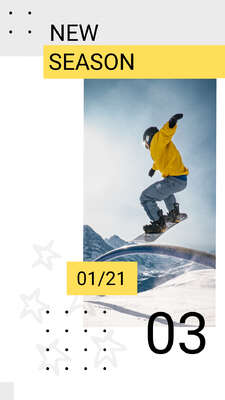 Динамичная сторис с фото сноубордиста в прыжке на белом фоне с желтыми акцентами