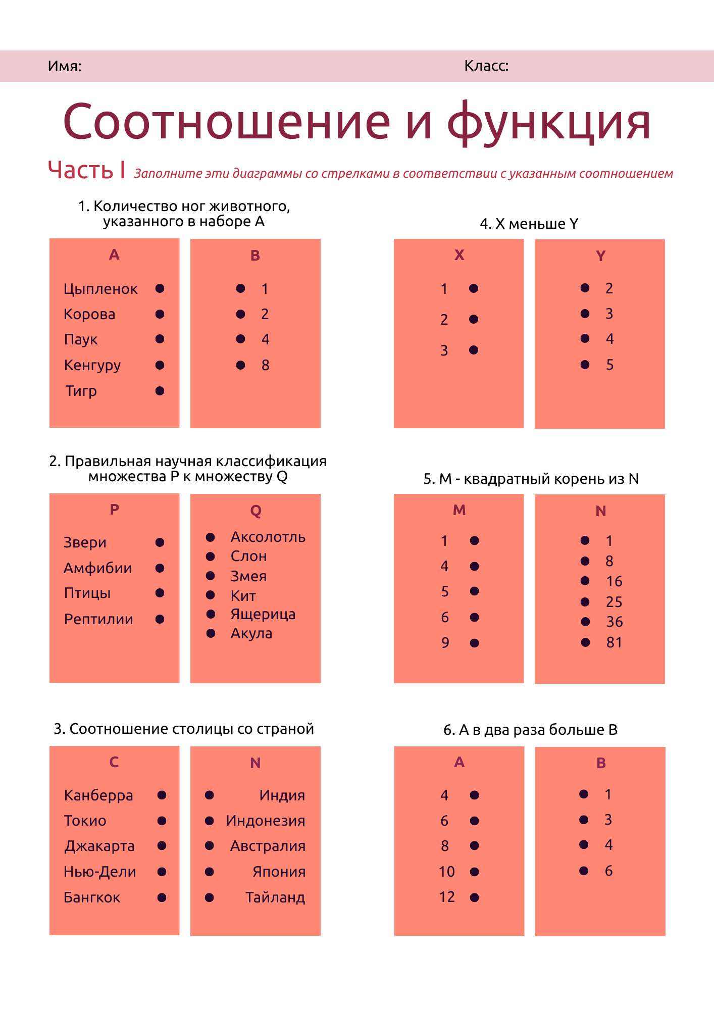 Оранжево-белый геометрический рабочий лист с задачами соотношений и функций