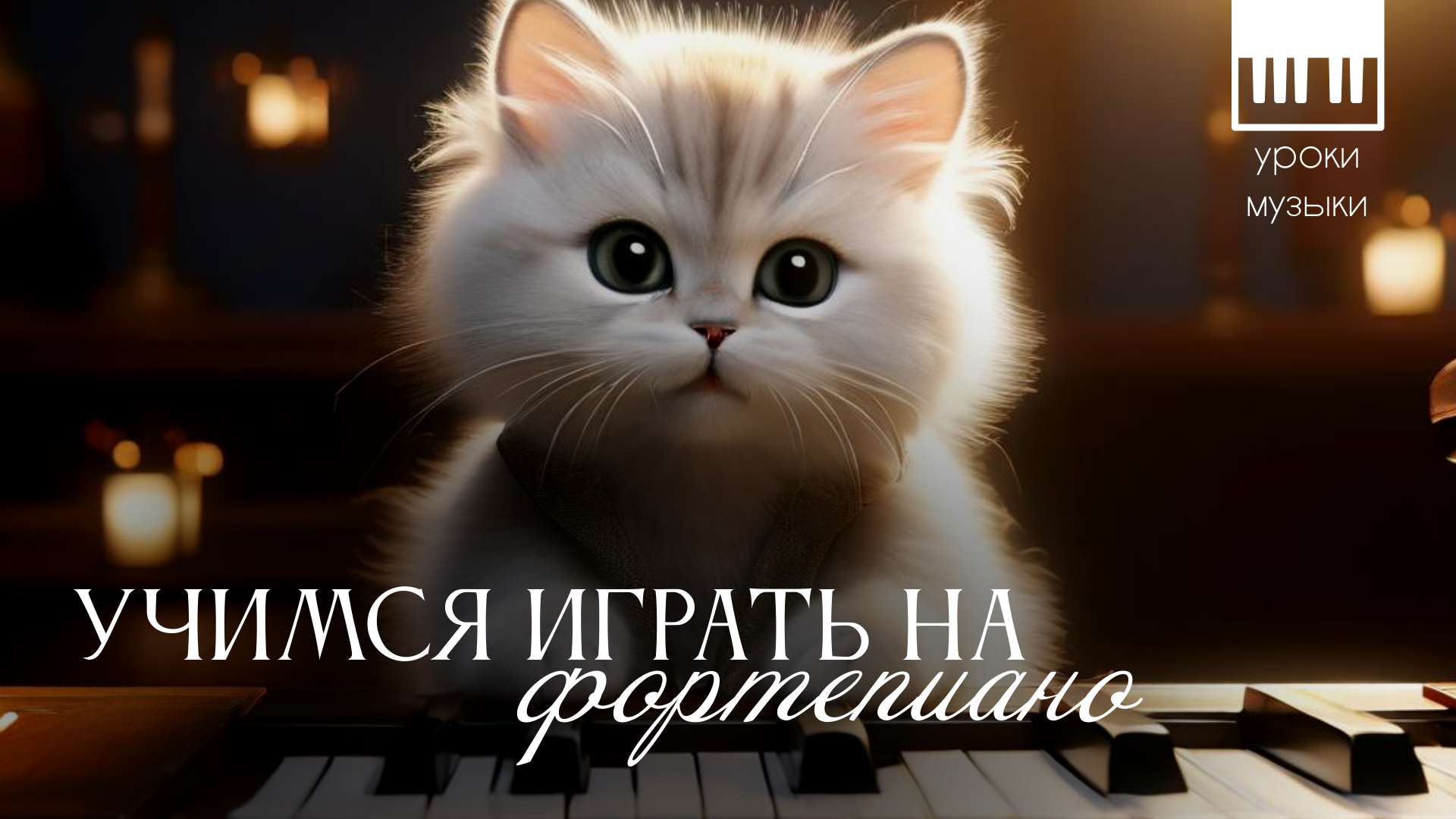 Обложка видео YouTube забавная с милым котом для уроков фортепиано
