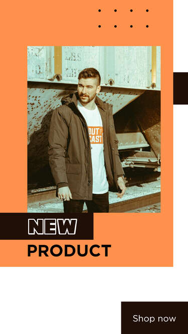 Оранжевый с белым сторис про новый продукт с фото мужчины в куртке